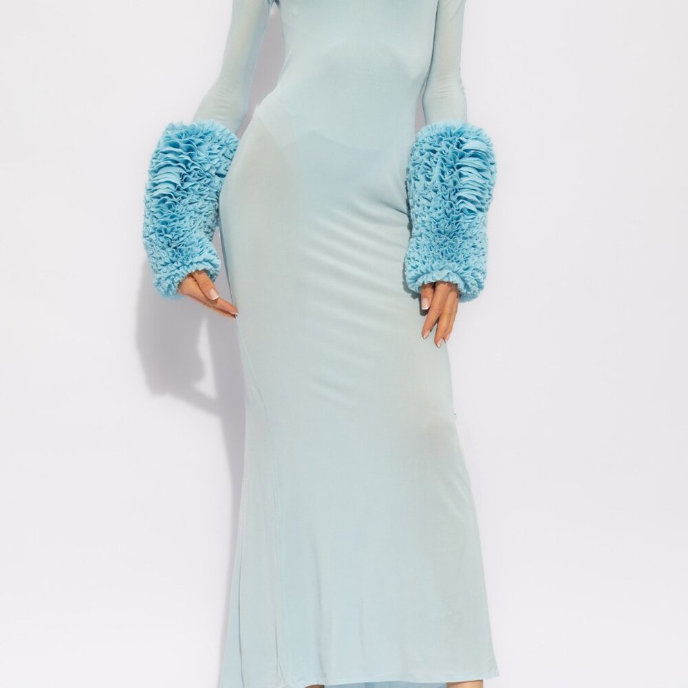 New Alaia Ruffle Dress in Ciel blue long sleeve maxi jersey bodycon - Picture 12 of 15